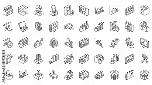 A collection of isometric vector icons related to business and finance, shown in a clean, minimalist style