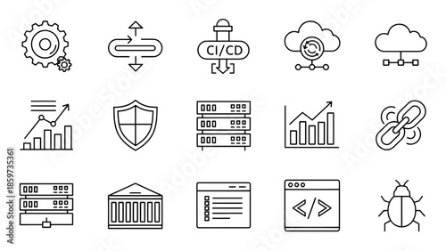 A collection of line icons depicting various technological elements such as gears, clouds, charts, servers, and code symbols