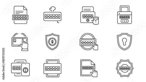 A collection of line art icons related to security, passwords, and protection. Featuring files, shields, padlocks, & credit cards