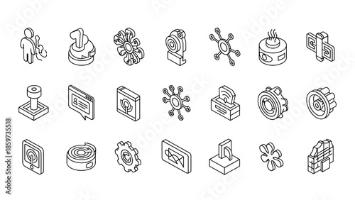 A collection of isometric illustrations, consisting of technical and communication related graphics, all rendered in black and white