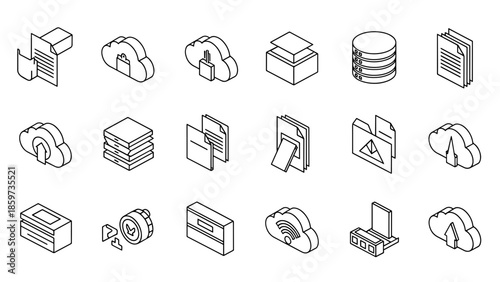 A collection of isometric illustrations, consisting of file folders, servers, clouds, and data related icons