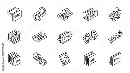 A collection of isometric illustrations, all featuring interconnected shapes and arrows in a monochrome style, with the word "SYNC" incorporated