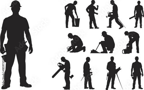 Construction worker silhouettes collection with tools and working poses, industrial labor and building profession concept, black vector illustration isolated on white background