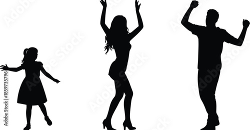 Family dancing silhouettes with child, woman and man celebrating together, joyful movement and happiness concept, black vector illustration isolated on white background