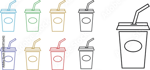 Vector Line Art Illustration Set of Soda Cups with Straws in Multiple Colors