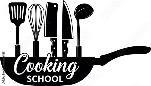 Vector Logo Design for Cooking School with Frying Pan and Kitchen Utensils