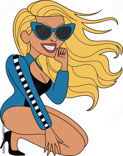 Stylish blonde fashion woman illustration wearing sunglasses, kneeling pose, modern pop art vector character, confident attitude, vibrant colors, isolated white background