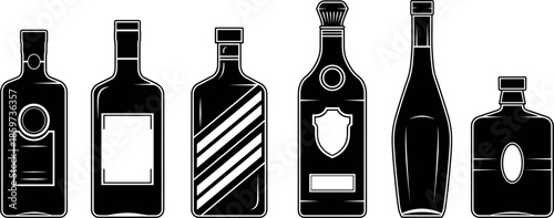 Vector Silhouette Illustration Set of Assorted Liquor and Spirits Bottles