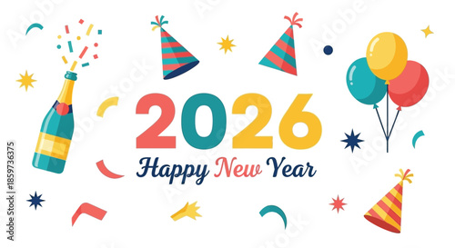 Celebratory new year design with balloons confetti and the year 2026