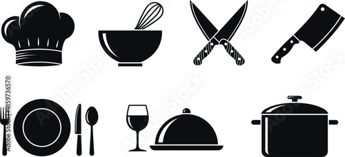 Vector Silhouette Illustration Set of Kitchen Tools and Dining Icons