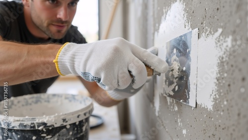 A construction worker applies white plaster to a concrete wall with a putty knife. Close-up of a handyman doing home renovation and repair work