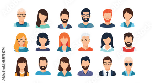 Large collection of diverse male and female avatars features various hairstyles glasses and facial hair in clean flat vector illustration style.