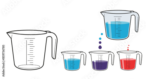 Educational diagram illustrates color mixing principles using plastic measuring jugs containing blue and red liquids creating purple solution.