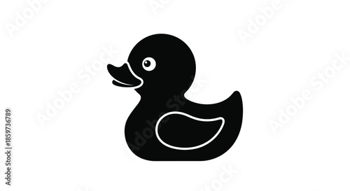Simple black silhouette of classic rubber duck toy stands out against solid white background representing childhood bath time and water play.