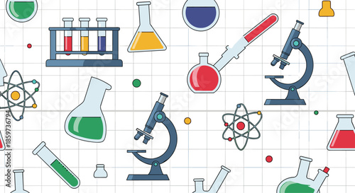 Scientific research pattern includes colorful illustrations of microscopes beakers flasks atoms and laboratory equipment on grid paper background.