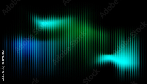 Abstract Futuristic Neon Background with Glowing Vertical Light Lines and Dynamic Gradient Waves in Blue, Green, and Cyan on Dark Black Background