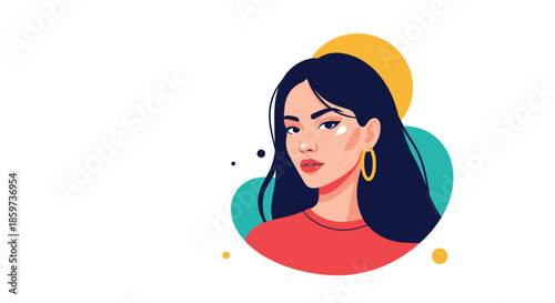 Artistic portrait of beautiful young woman with long dark hair wearing red top and gold hoop earrings against abstract colorful backdrop.