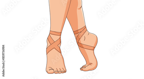 Close-up illustration of two feet in a graceful ballet pose with beige athletic tape wrapped around ankles and heels for support and injury care.