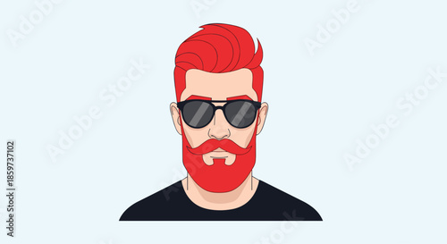 Free Download Modern flat vector portrait of a man with bright red hair and a matching beard wearing black sunglasses and a dark t-shirt on light blue. - GFXLoad