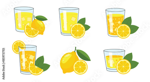 Comprehensive set of lemonade illustrations including glasses with ice and lemon slices along with whole fruits and green leaves for summer drinks.