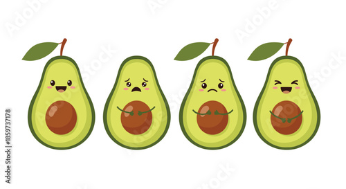 Collection of four cute avocado character emojis with different facial expressions including happy sad worried and laughing for social media.
