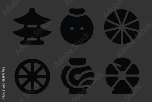 Set of Traditional Japanese Icons and Symbols, Black Vector Graphics Featuring Cherry Blossoms, Folding Fans, Seigaiha Waves, and Geometric Floral Motifs for Culture and Design