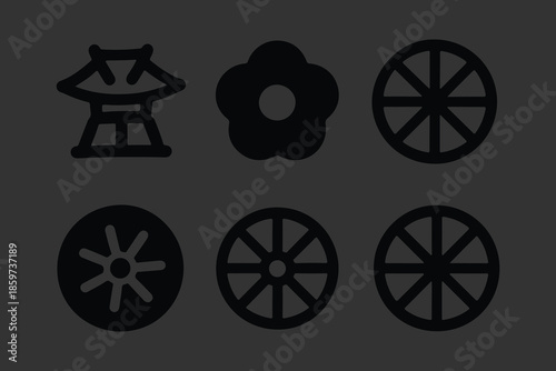 Set of Traditional Japanese Icons and Symbols, Black Vector Graphics Featuring Cherry Blossoms, Folding Fans, Seigaiha Waves, and Geometric Floral Motifs for Culture and Design