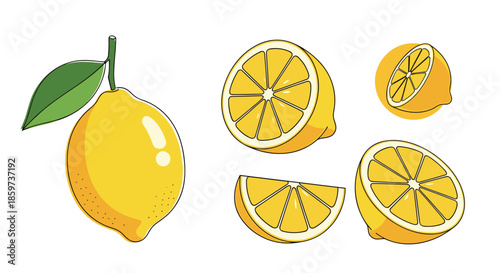 Versatile set of lemon illustrations including whole fruit slices and halves with a green leaf for refreshing citrus and food design projects.