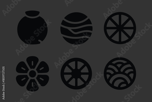 Set of Traditional Japanese Icons and Symbols, Black Vector Graphics Featuring Cherry Blossoms, Folding Fans, Seigaiha Waves, and Geometric Floral Motifs for Culture and Design