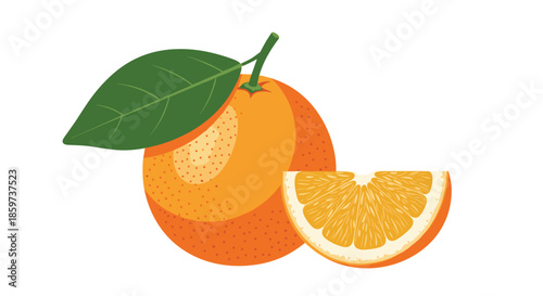 Ripe whole orange fruit with a green leaf and a fresh juicy slice of orange isolated on a clean white background.