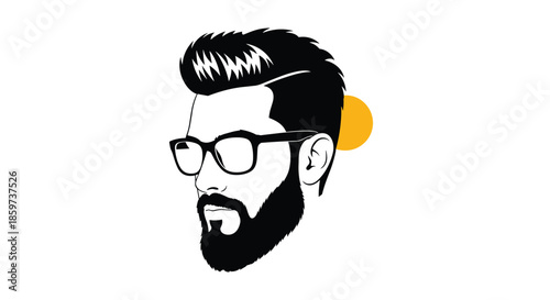 Stylized portrait illustration of a modern man with a thick beard, styled hair, and glasses with a yellow sun-like circle behind him.