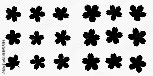 Set of black silhouette cherry blossom flower icons isolated on transparent background.