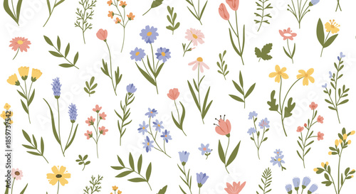 Seamless vector pattern of various colorful spring wildflowers and green leaves scattered across a plain white background.