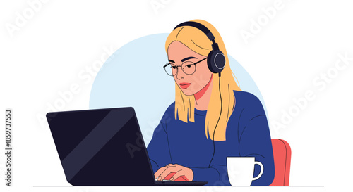 Professional young woman with blonde hair wearing headphones while working on her laptop at a desk with a coffee mug.