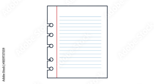 Minimalist illustration of a blank page of lined notebook paper with spiral binding holes on the left side of the sheet.