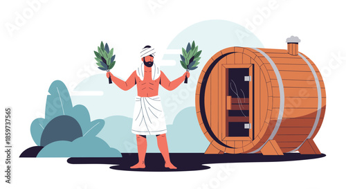 Man in a traditional sauna outfit holding birch twigs while standing next to a classic wooden barrel sauna outdoors.