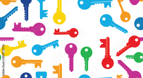Vibrant seamless pattern composed of many colorful keys in various shapes and sizes scattered across a white background.