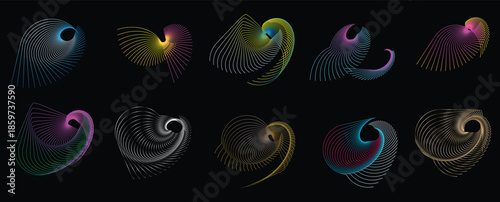 Abstract wireframe organic shapes collection with flowing colorful line patterns isolated on a black background, set vector illustration. 
