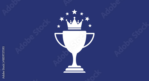 Elegant white trophy cup icon featuring a crown and seven stars arranged in an arc set against a solid blue background.