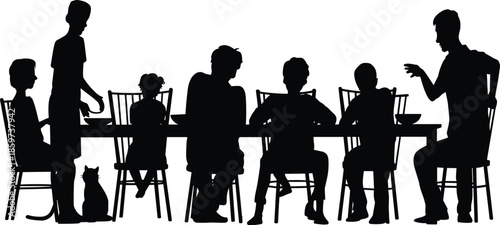 Black silhouette illustration of a family dining scene with adults, children, and a cat, highlighting social interaction and communal mealtime.