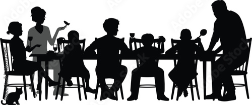Family Dinner Silhouettes Sitting Together at Dining Table, Parents and Children Eating and Talking, Home Lifestyle and Togetherness Concept, Vector Illustration on White Background