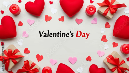 Valentine's Day flat lay composition with red hearts, candles, and gift boxes on a light wooden background vector poster.