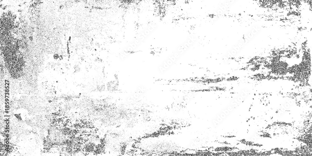 Fototapeta premium Gritty grain overlay, dense black stipple dust with scattered noise clusters, monochrome grunge texture background on white, vector illustration