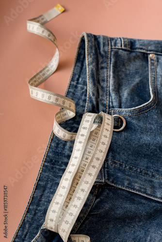 White measuring tape wrapped around jeans pants. Weight loss and diet concept.