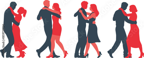 Romantic Dancing Couples Silhouettes in Elegant Poses, Man and Woman Ballroom or Tango Dance, Passionate Love Relationship, Vector Illustration on White Background