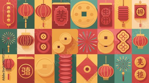 Colorful Chinese New Year decorations displayed in an array.
