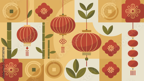 Elegant lanterns and traditional motifs representing cultural richness and festive atmosphere.