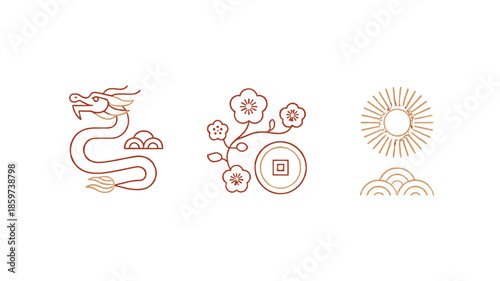 Traditional Chinese graphic elements including dragon, flower and coin