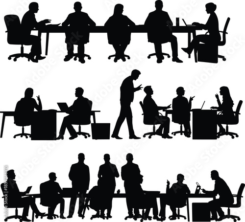 Silhouettes of business professionals in meetings and collaboration settings, illustrating teamwork, communication, and corporate interaction in modern office environments.