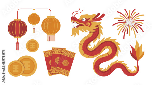 Chinese New Year illustrations of dragon, lantern, and other decorations.